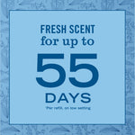 Blue panel graphic stating “Fresh scent for up to 55 days” in large type with a subtle floral background pattern.
