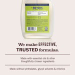 Rear label of Mrs. Meyer’s bottle shown above copy stating effective, trusted formulas and ingredient claims