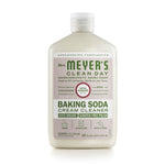 Studio shot of Mrs. Meyer’s Baking Soda Cream Cleaner bottle showing product label and cap on white backdrop