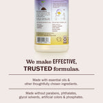 Rear label of a Mrs. Meyer's bottle with product information and a banner reading 'We make EFFECTIVE, TRUSTED formulas.'