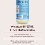 Close-up of the bottom of a Mrs. Meyer’s bottle above copy declaring trusted formulas and ingredient claims on a pale background.
