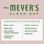 Mrs. Meyer’s Clean Day branding panel listing made-with and made-without product features on a pink background