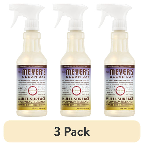 Three Mrs. Meyer's Clean Day multi-surface spray bottles arranged side-by-side with a '3 Pack' banner beneath.