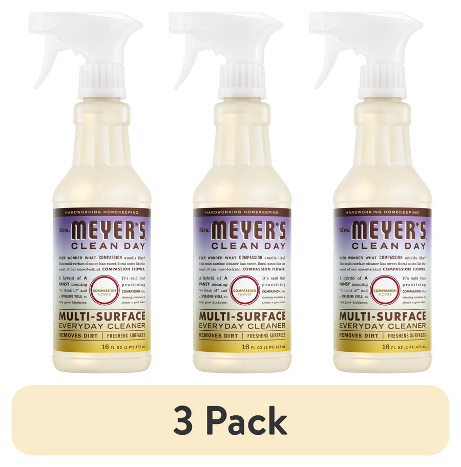 Three Mrs. Meyer's Clean Day multi-surface spray bottles arranged side-by-side with a '3 Pack' banner beneath.