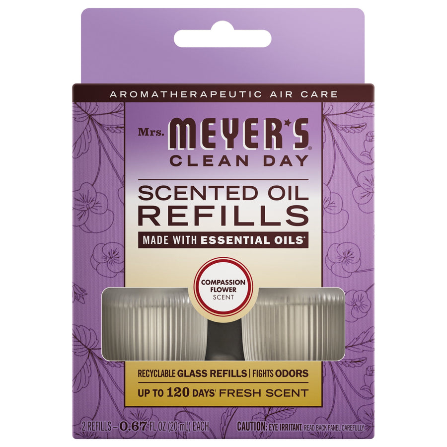 Mrs. Meyer’s Clean Day Compassion Flower scented oil refill twin-pack in purple packaging with visible refill bottles