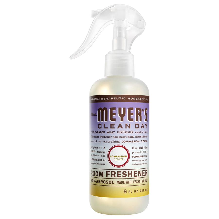 Mrs. Meyer’s Clean Day Compassion Flower room freshener bottle with trigger spray and labeled front panel