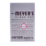 Close-up front box of Mrs. Meyer's Clean Day Lavender dryer sheets showing logo, lavender scent badge and product copy