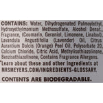 Ingredient label listing water, lavender oil, fragrance allergens and biodegradability statement