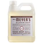 Single translucent Mrs. Meyer's Clean Day hand soap refill jug with lavender label and carry handle visible.
