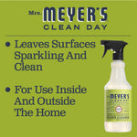 Green promotional graphic with Mrs. Meyer's Clean Day branding and text 'Leaves Surfaces Sparkling And Clean' plus product image