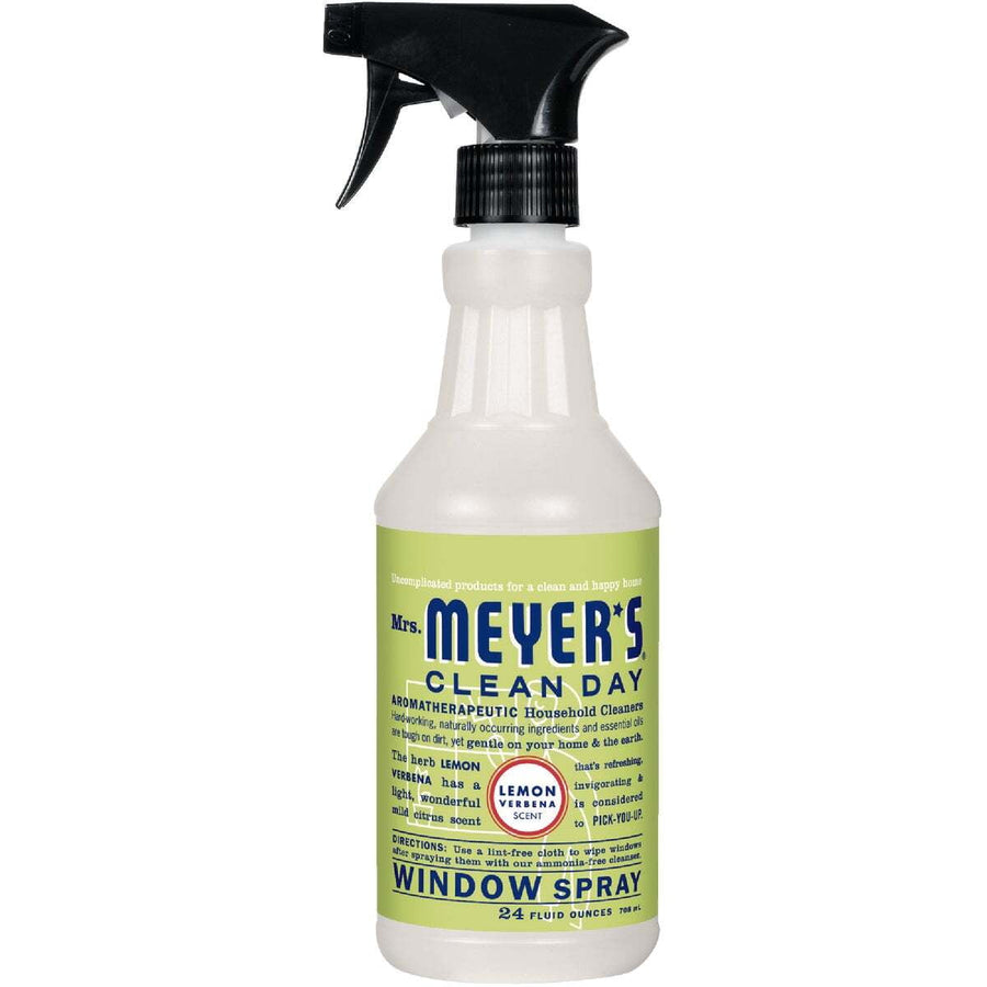 Front-facing bottle of Mrs. Meyer's Clean Day Lemon Verbena glass cleaner with spray nozzle on white background