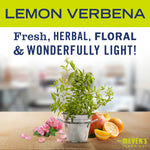 Promotional graphic with 'Lemon Verbena' heading and fresh herbs, flowers and citrus imagery on a table.