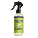 Mrs. Meyer’s Lemon Verbena room freshener bottle with black trigger sprayer on white background, front label visible.