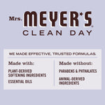 Infographic panel with Mrs. Meyer's Clean Day logo and copy listing what the product is made with and made without