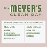 Mrs. Meyer’s Clean Day branding panel listing ‘Made with’ and ‘Made without’ ingredients on a muted pink background