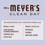 Mrs. Meyer's Clean Day branding panel listing 'Made with' and 'Made without' product attributes