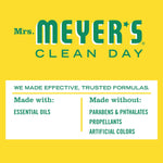 Yellow Mrs. Meyer’s Clean Day logo panel with 'Made with' and 'Made without' ingredient callouts