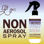 Illustrated promo graphic showing a Mrs. Meyer’s Clean Day non-aerosol spray bottle and large ‘NON AEROSOL SPRAY’ text