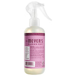 Rear view of Mrs. Meyer’s Clean Day peony room freshener showing product text, ingredients panel and barcode on a pink label.