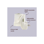 White plug-in warmer shown in profile with arrows and labels pointing to refill reminder light, adjustable scent control, and 8-hour rest mode.