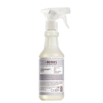 Rear view of Mrs. Meyer’s Clean Day probiotic daily shower spray bottle showing product information and trigger top
