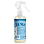 Rear view of Mrs. Meyer’s Clean Day room freshener bottle showing caution text, ingredients panel and barcode on a blue label.