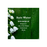 Close-up graphic of lily-of-the-valley on a wet green leaf with text listing Rain Water scent notes: bergamot, lily of the valley, cedarwood, musk.