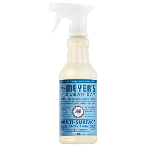 Mrs. Meyer's Clean Day multi-surface everyday cleaner in a blue Rain Water label spray bottle on white background.