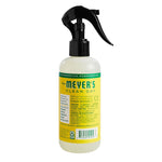 Rear view of Mrs. Meyer’s Clean Day spray bottle showing yellow label text and safety/recycling information