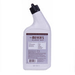 Rear view of a white Mrs. Meyer's Clean Day toilet bowl cleaner bottle showing ingredient and barcode panel