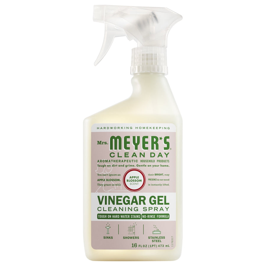 Mrs. Meyer’s Clean Day vinegar gel cleaning spray bottle with apple blossom label on white background
