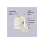 Side view of the white plug-in warmer with arrows and labels pointing to adjustable scent control, refill reminder light, and 16 or 24 hour settings.