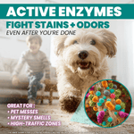 Action lifestyle image of a muddy dog running indoors with headline about active enzymes and a magnified inset of colorful microscopic fibers.