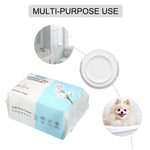 Multi-purpose use graphic with packaged soft face towel and circular images of bathroom, plate and a small dog
