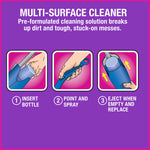 Instructional purple panel titled "Multi-Surface Cleaner" showing three step icons: insert bottle, point and spray, eject and replace.