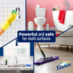 Split-scene collage showing bathroom, kitchen sink and mopping with text 'Powerful and safe for multi-surfaces'