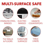 Infographic showing surfaces safe for cleaner: stainless steel, electric ranges, granite, tile, furniture surfaces, and table liners
