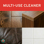 Four close-up surface images (wood, countertop, leather, tile) under header ‘Multi-Use Cleaner’