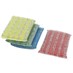 Stacked multicolor metallic dish scrub pads with one red pad placed beside them on white