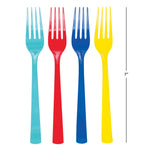 Four multicolor disposable forks (teal, red, blue, yellow) shown with a vertical 7-inch measurement guide at right.