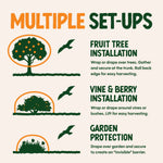 Instructional graphic showing 'Multiple Set-Ups' with icons and text for fruit tree, vine & berry, and garden installation.