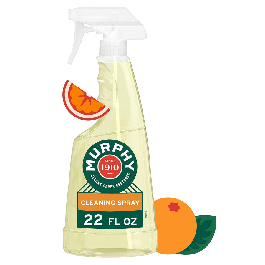 Clear spray bottle of Murphy cleaning spray with label reading 22 FL OZ and orange illustration