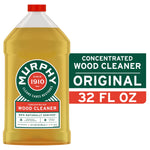 Clear plastic bottle of Murphy concentrated wood cleaner with green circular logo and red cap on white background