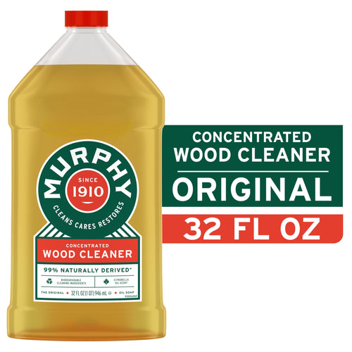 Clear plastic bottle of Murphy concentrated wood cleaner with green circular logo and red cap on white background