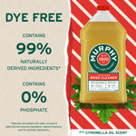 Product claim graphic with Murphy wood cleaner bottle stating ‘Dye Free’ and ‘99% naturally derived’
