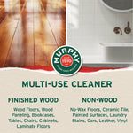 Split image of finished wood flooring and a tiled bathroom with Murphy badge and multi-use cleaner text