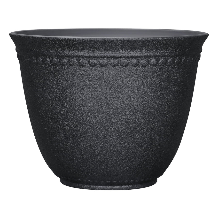 Black textured Asti-style recycled resin planter with beaded rim, front view