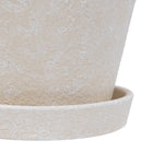 Close detail of textured cream ceramic planter body and matching saucer edge from My Texas House