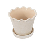Overhead view of My Texas House cream ceramic planter with wavy rim seated in its matching saucer