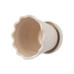 Top-down view of cream My Texas House ceramic planter showing scalloped wavy rim and interior